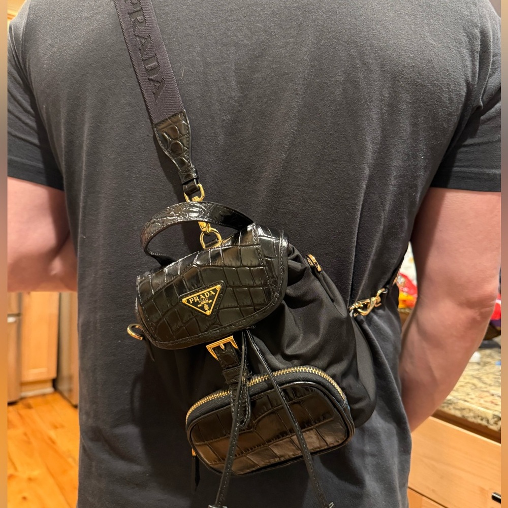 Prada nylon and croc embossed backpack shoulder bag. - Picture 10 of 15